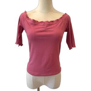 Aemi+Co Off Shoulder Ribbed Knit Top NEW Pink Lettuce Hem Medium